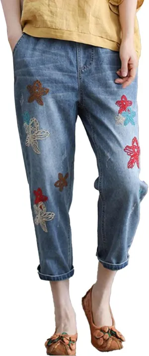 Women Floral Embroidered Denim Pants Wide Leg Baggy Barrel Jeans Tapered Bottom Trousers Straight Cropped Pants