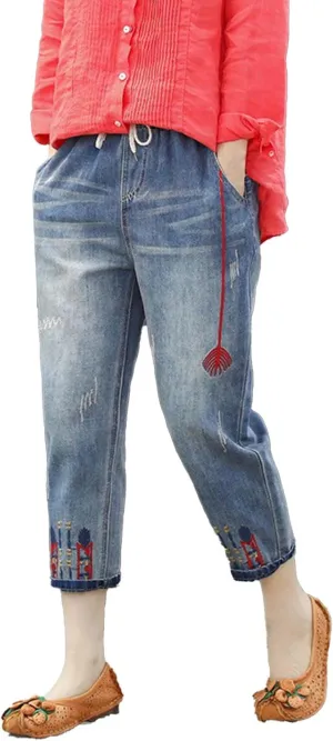 Women Floral Embroidered Denim Pants Wide Leg Baggy Barrel Jeans Tapered Bottom Trousers Straight Cropped Pants