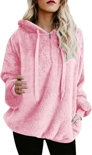 Women Fluffy Soft Fleece Hooded Sweatshirt Winter Warm Coat Outwear Zipper Pockets Fuzzy Pullover Hoodies Tops