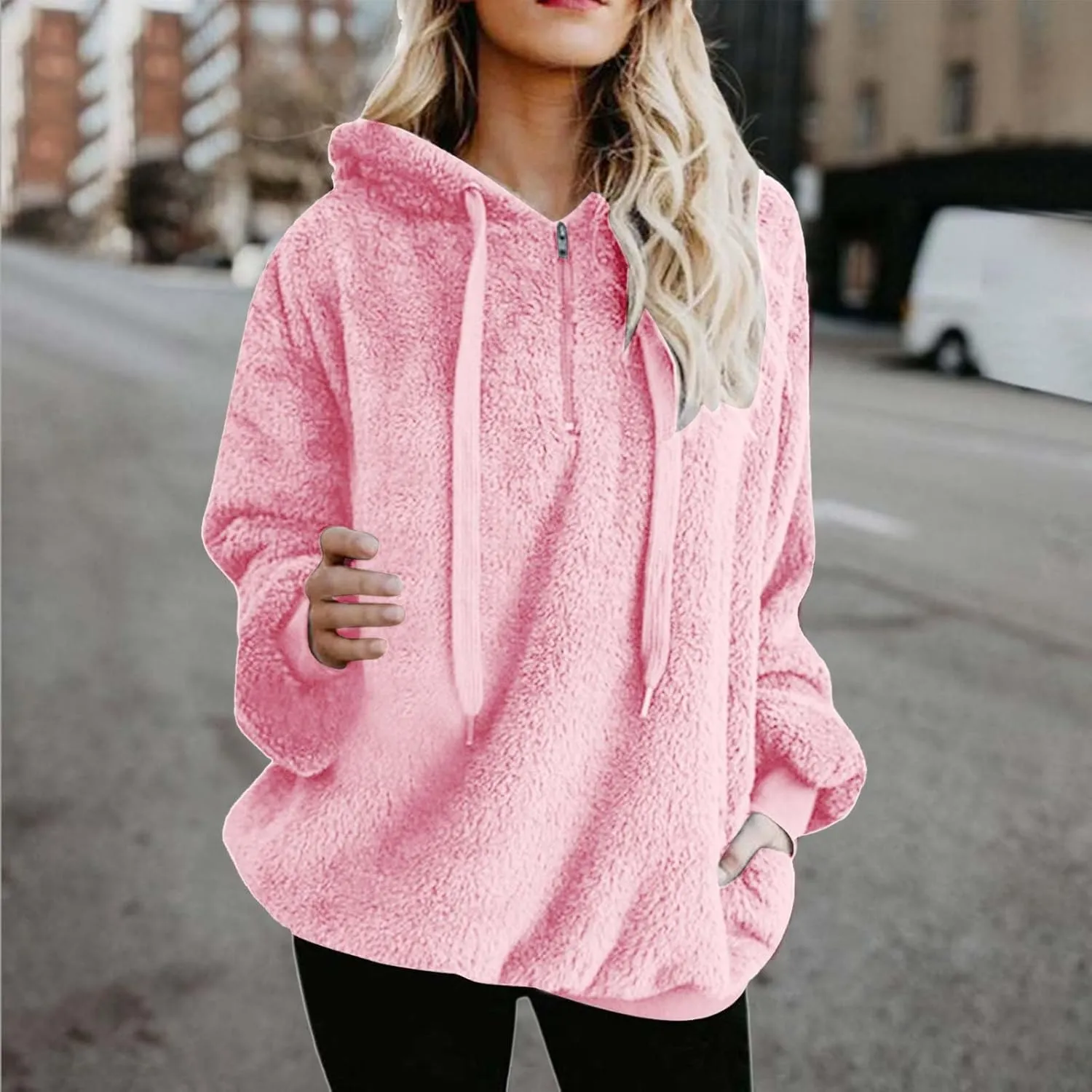 Women Fluffy Soft Fleece Hooded Sweatshirt Winter Warm Coat Outwear Zipper Pockets Fuzzy Pullover Hoodies Tops