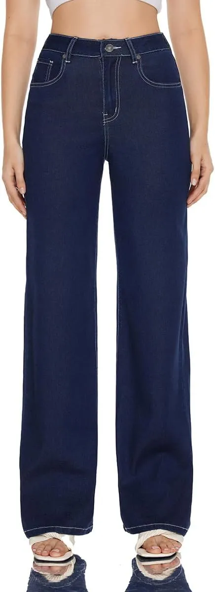 Women High Rise Stretch Wide Leg Baggy Fashion Casual Denim Pant Zip-Up Trousers