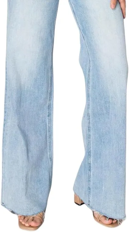 Women High Rise Stretch Wide Leg Baggy Fashion Casual Denim Pant Zip-Up Trousers