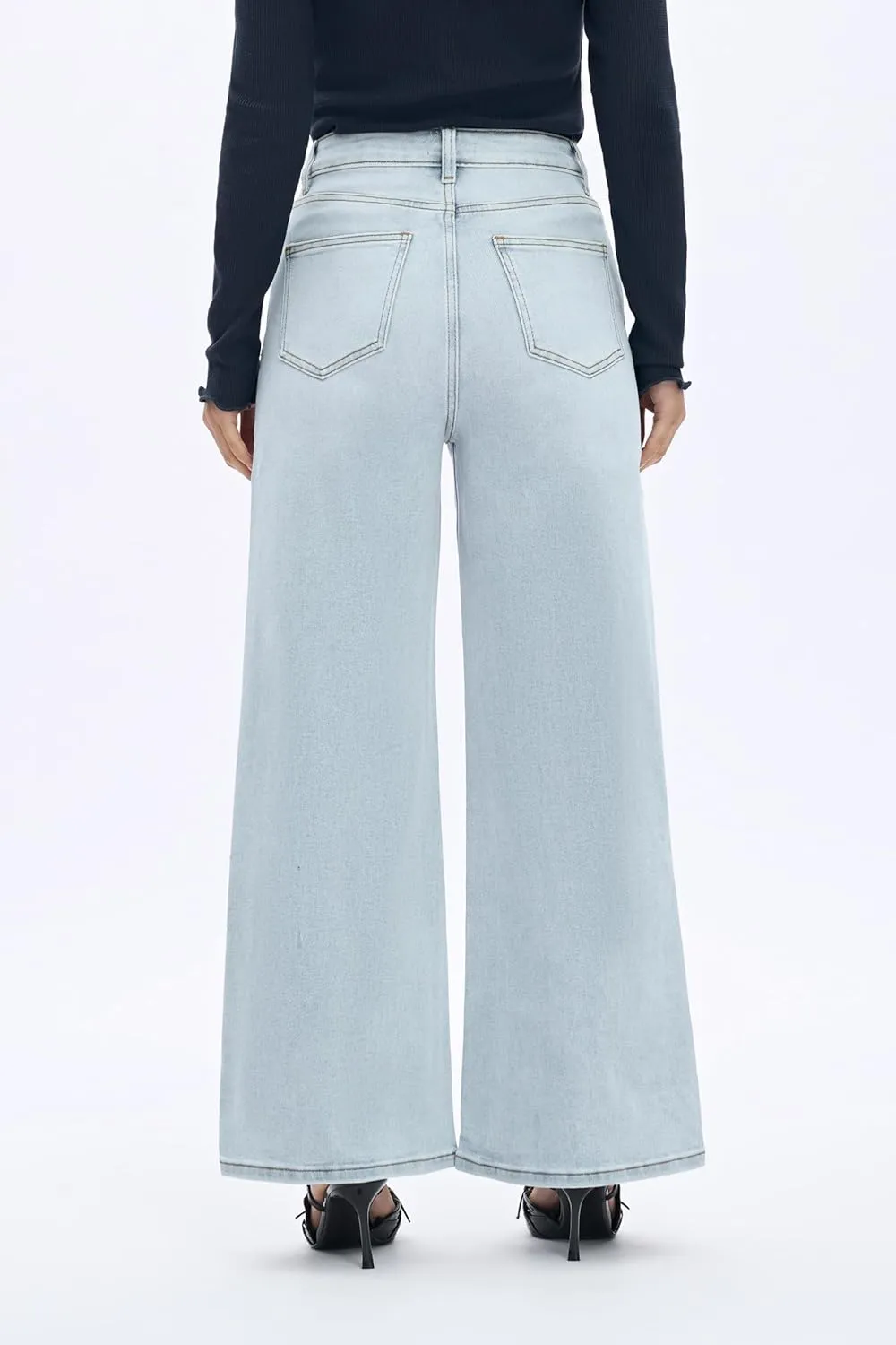 Women High Rise Stretch Wide Leg Baggy Fashion Casual Denim Pant Zip-Up Trousers