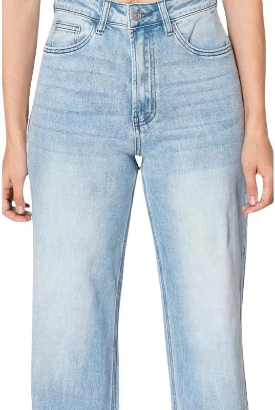 Women High Rise Stretch Wide Leg Baggy Fashion Casual Denim Pant Zip-Up Trousers