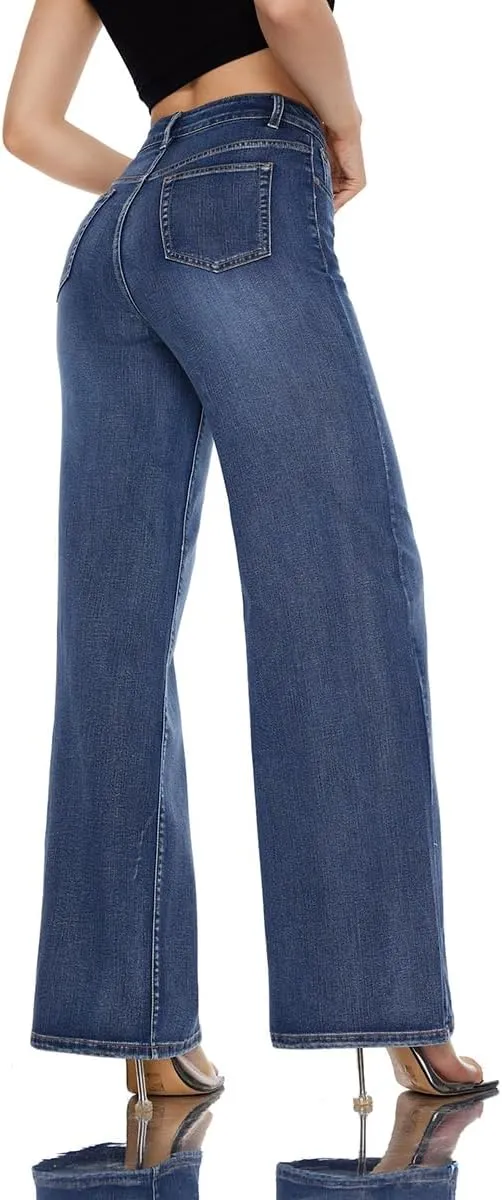 Women High Rise Stretch Wide Leg Baggy Fashion Casual Denim Pant Zip-Up Trousers