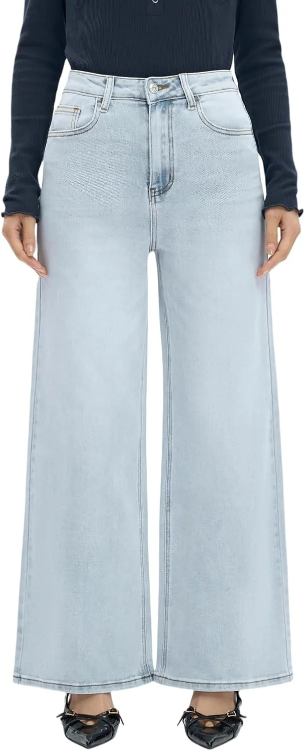 Women High Rise Stretch Wide Leg Baggy Fashion Casual Denim Pant Zip-Up Trousers
