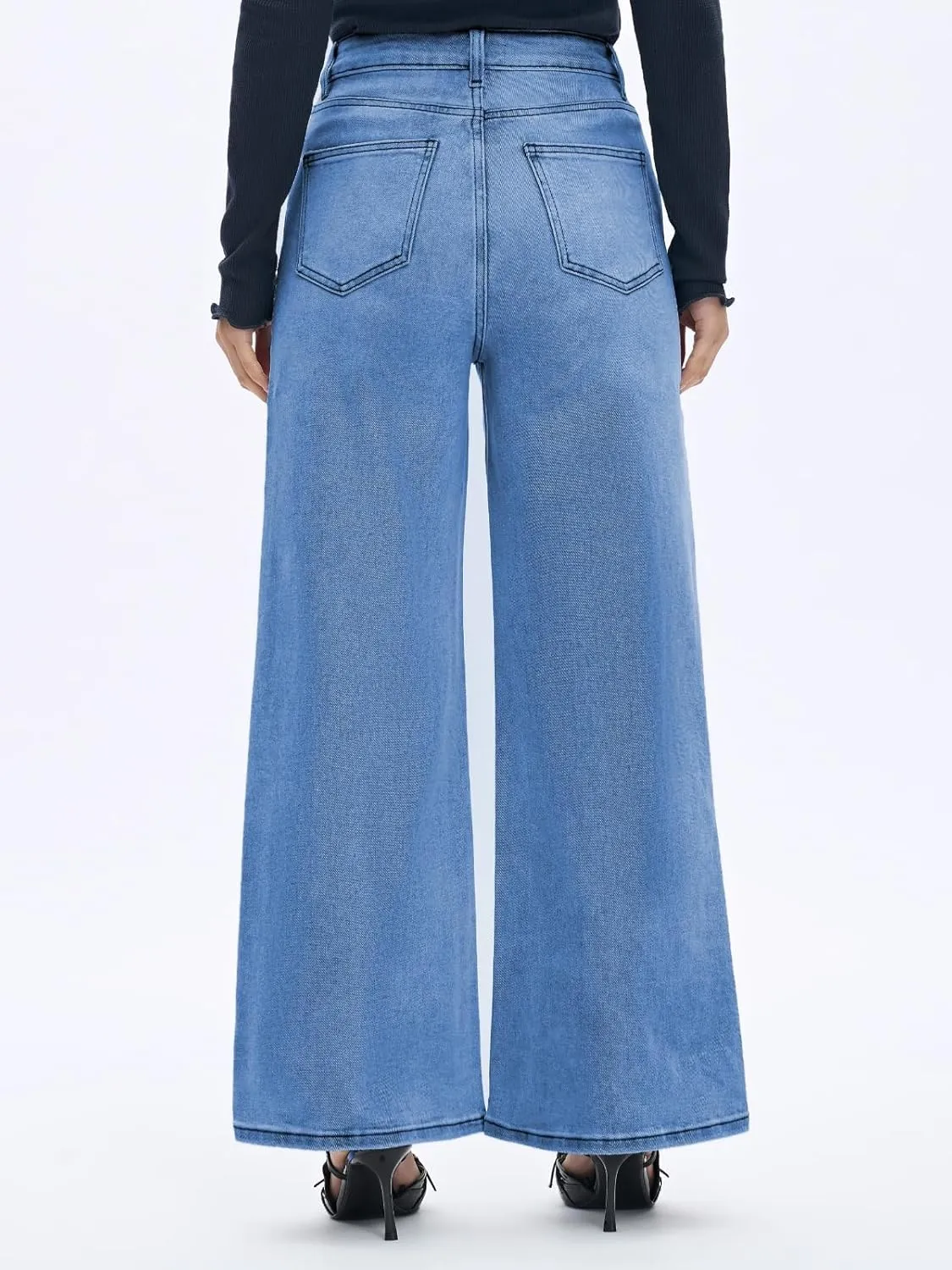 Women High Rise Stretch Wide Leg Baggy Fashion Casual Denim Pant Zip-Up Trousers
