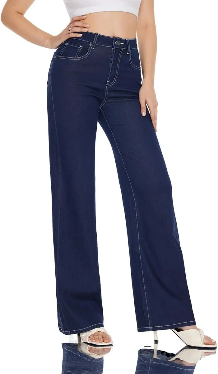 Women High Rise Stretch Wide Leg Baggy Fashion Casual Denim Pant Zip-Up Trousers