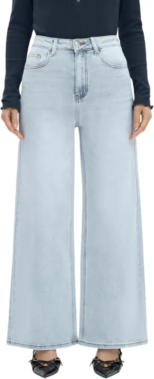 Women High Rise Stretch Wide Leg Baggy Fashion Casual Denim Pant Zip-Up Trousers
