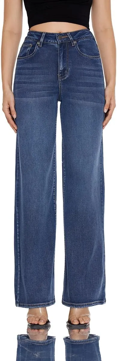 Women High Rise Stretch Wide Leg Baggy Fashion Casual Denim Pant Zip-Up Trousers