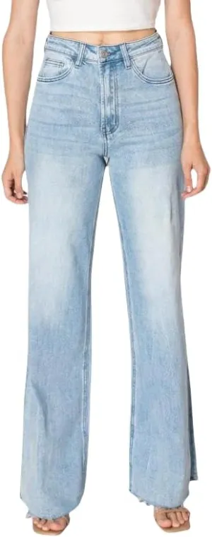 Women High Rise Stretch Wide Leg Baggy Fashion Casual Denim Pant Zip-Up Trousers