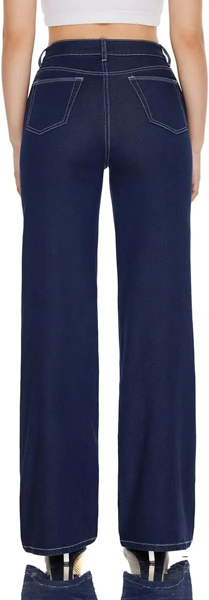 Women High Rise Stretch Wide Leg Baggy Fashion Casual Denim Pant Zip-Up Trousers