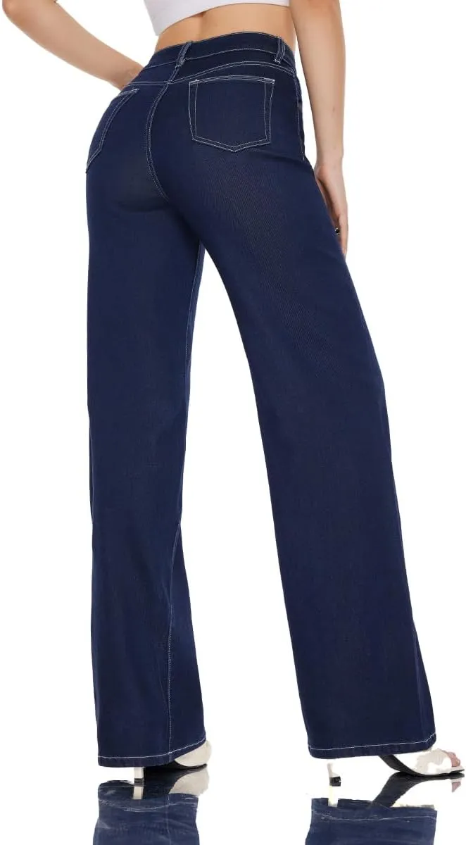 Women High Rise Stretch Wide Leg Baggy Fashion Casual Denim Pant Zip-Up Trousers