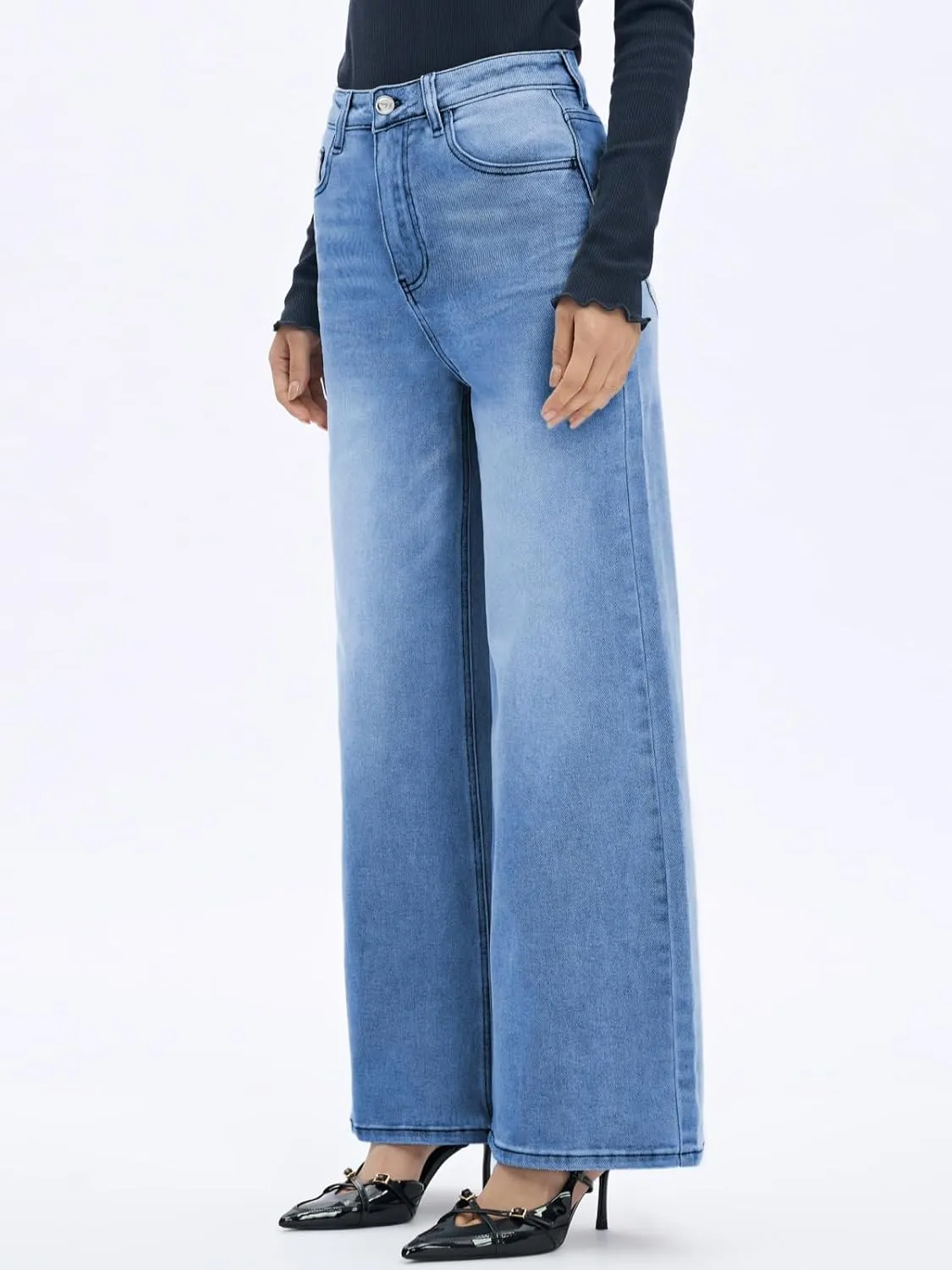 Women High Rise Stretch Wide Leg Baggy Fashion Casual Denim Pant Zip-Up Trousers
