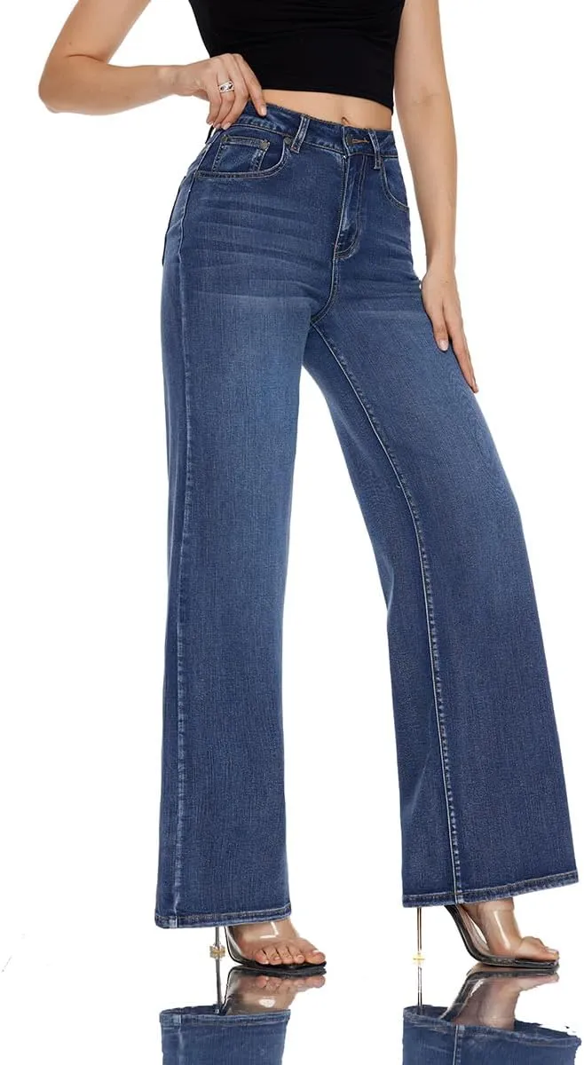Women High Rise Stretch Wide Leg Baggy Fashion Casual Denim Pant Zip-Up Trousers