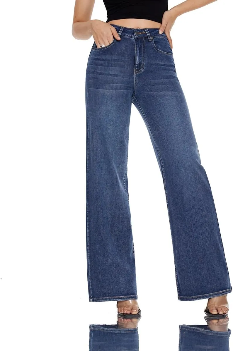 Women High Rise Stretch Wide Leg Baggy Fashion Casual Denim Pant Zip-Up Trousers