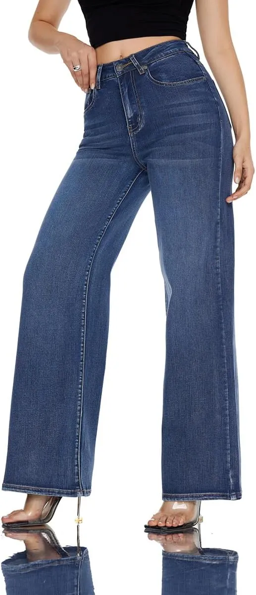 Women High Rise Stretch Wide Leg Baggy Fashion Casual Denim Pant Zip-Up Trousers