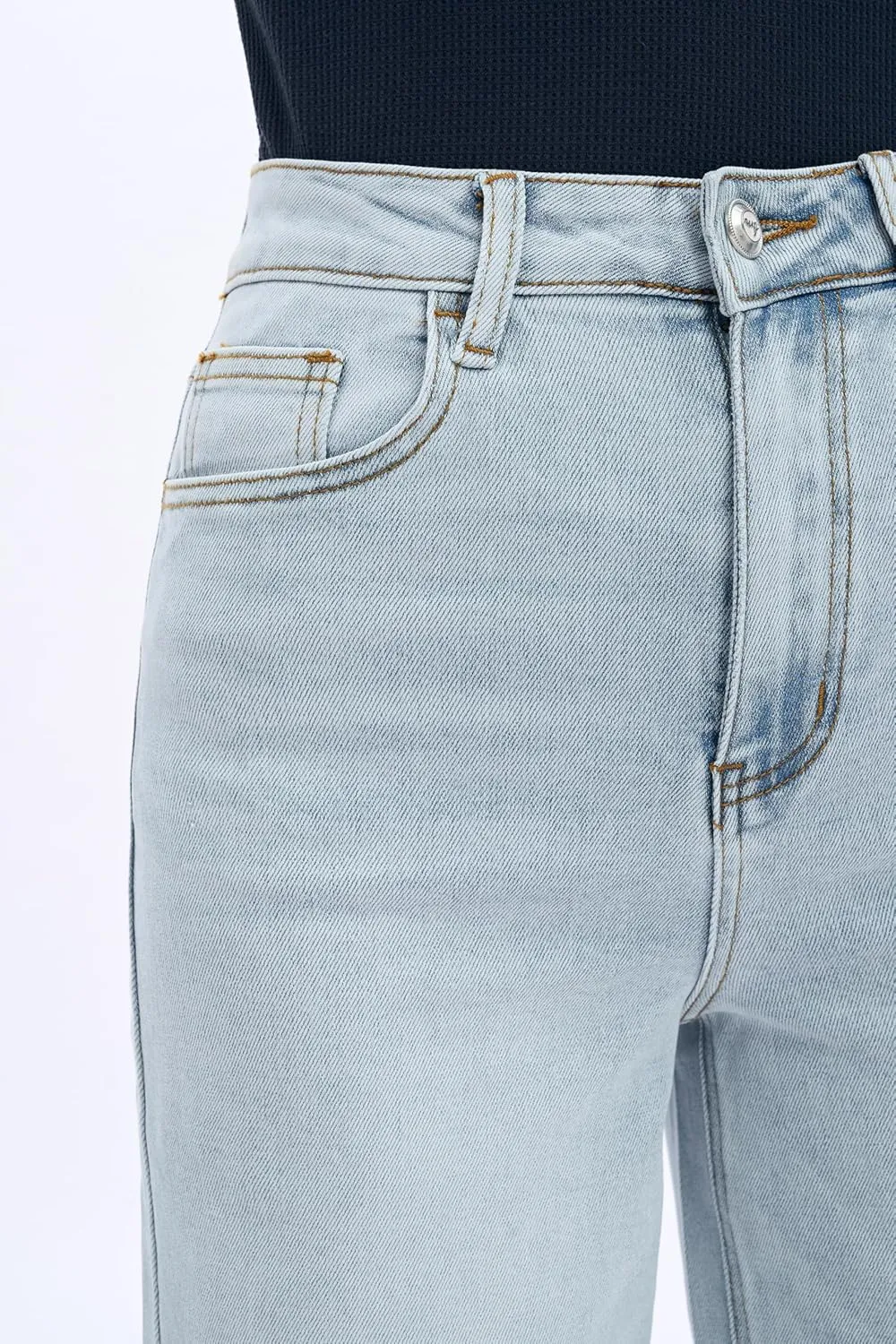 Women High Rise Stretch Wide Leg Baggy Fashion Casual Denim Pant Zip-Up Trousers