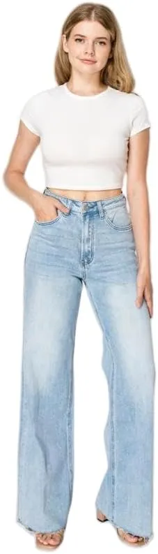 Women High Rise Stretch Wide Leg Baggy Fashion Casual Denim Pant Zip-Up Trousers