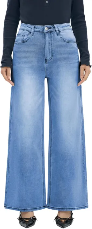 Women High Rise Stretch Wide Leg Baggy Fashion Casual Denim Pant Zip-Up Trousers