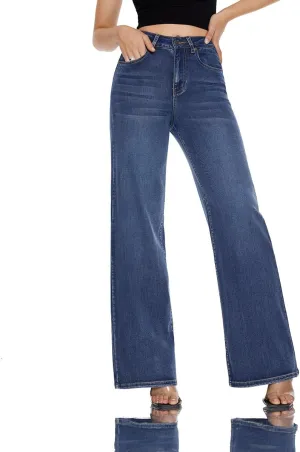 Women High Rise Stretch Wide Leg Baggy Fashion Casual Denim Pant Zip-Up Trousers