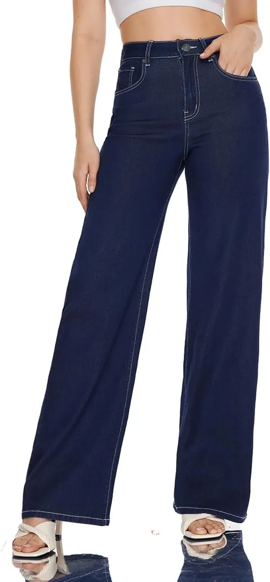 Women High Rise Stretch Wide Leg Baggy Fashion Casual Denim Pant Zip-Up Trousers