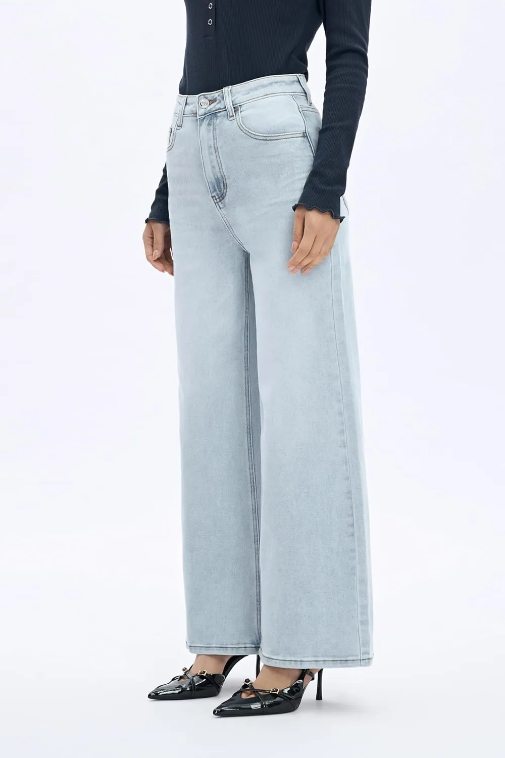 Women High Rise Stretch Wide Leg Baggy Fashion Casual Denim Pant Zip-Up Trousers
