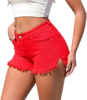 Women High Waist Stretch Y2K Distressed Denim Shorts Ripped Frayed Raw Hem Fringe Summer Casual Butt Lift Jean Shorts