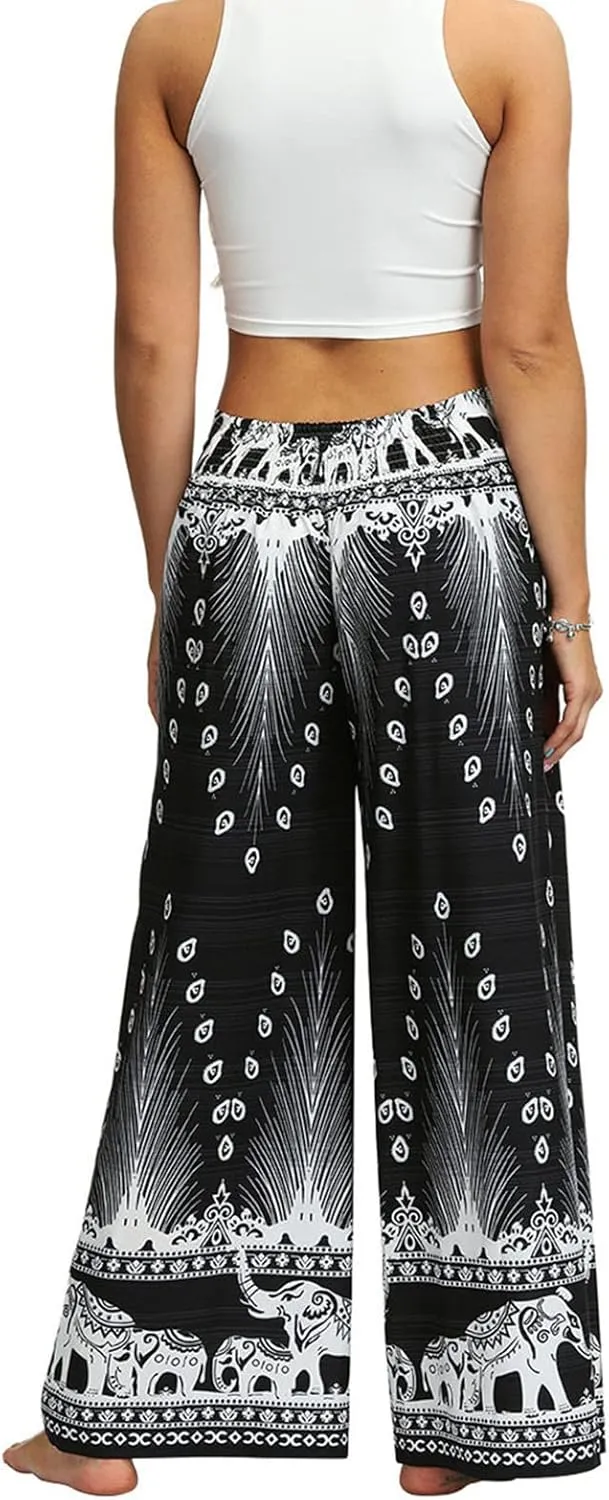 Women Linen High Waist Loose Harem Pants Flared Bottom Wide Leg Palazzo Casual Floral Print Beach Boho Trousers