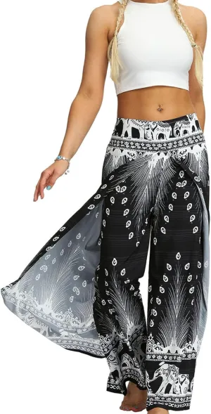 Women Linen High Waist Loose Harem Pants Flared Bottom Wide Leg Palazzo Casual Floral Print Beach Boho Trousers