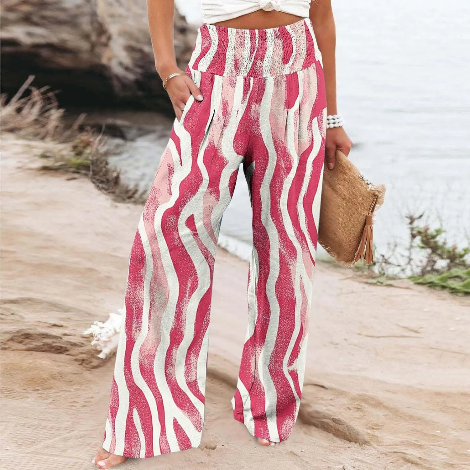 Women Linen Pants 2025 Floral Printed High Waisted Wide Leg Pants Casual Beach Travel Vacation Lounge Pants