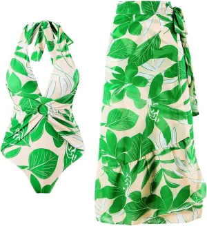 Women One-Piece Swimsuit with Cover up Wrap Skirt Sarong Bathing Suit Beach Outfit Summer