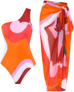 Women One-Piece Swimsuit with Cover up Wrap Skirt Sarong Bathing Suit Beach Outfit Summer