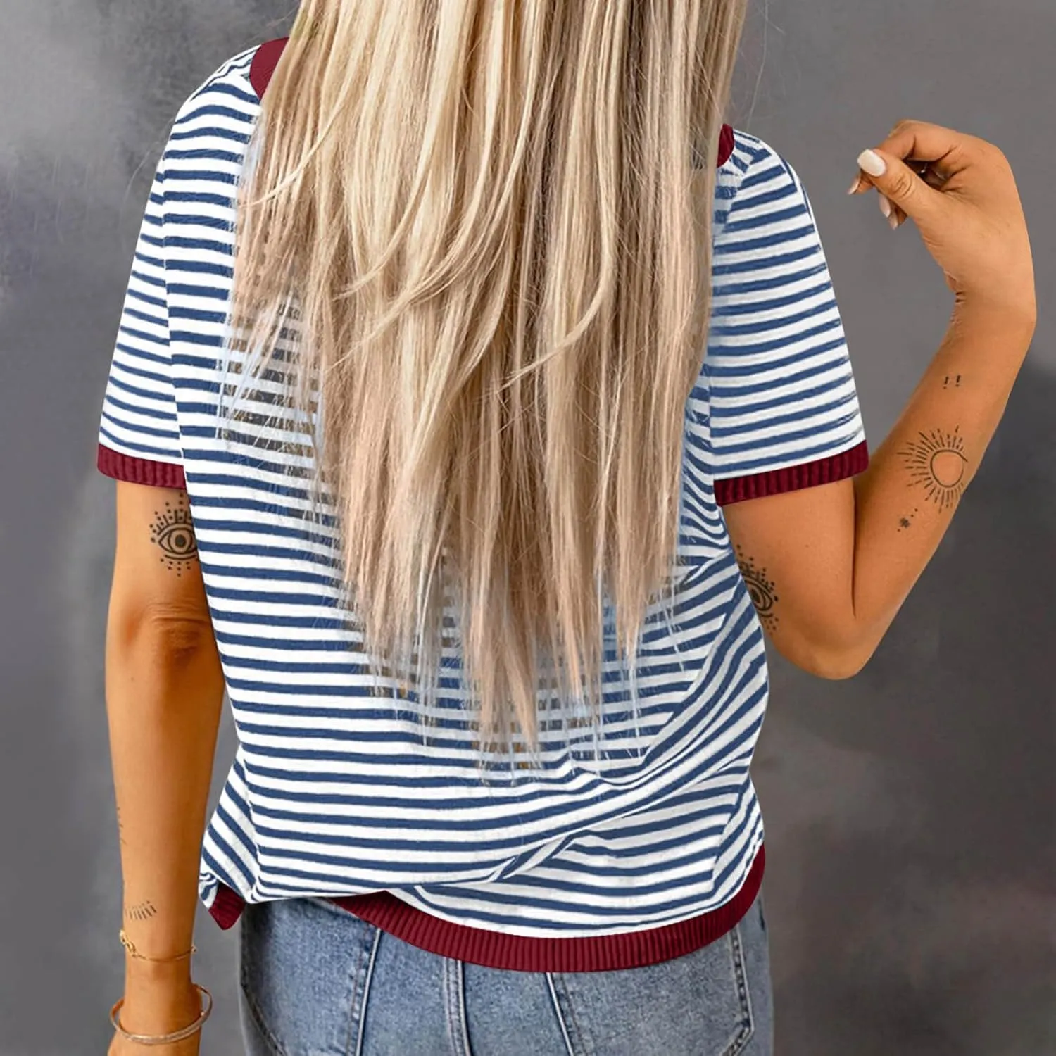 Women Oversized Striped Colorblock Short Sleeve Crew Neck T-Shirts Casual Loose Pullover Tops Summer Tee Shirt Blouse