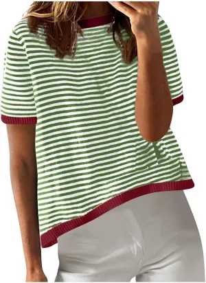 Women Oversized Striped Colorblock Short Sleeve Crew Neck T-Shirts Casual Loose Pullover Tops Summer Tee Shirt Blouse