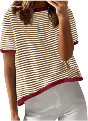 Women Oversized Striped Colorblock Short Sleeve Crew Neck T-Shirts Casual Loose Pullover Tops Summer Tee Shirt Blouse