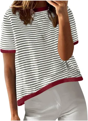 Women Oversized Striped Colorblock Short Sleeve Crew Neck T-Shirts Casual Loose Pullover Tops Summer Tee Shirt Blouse