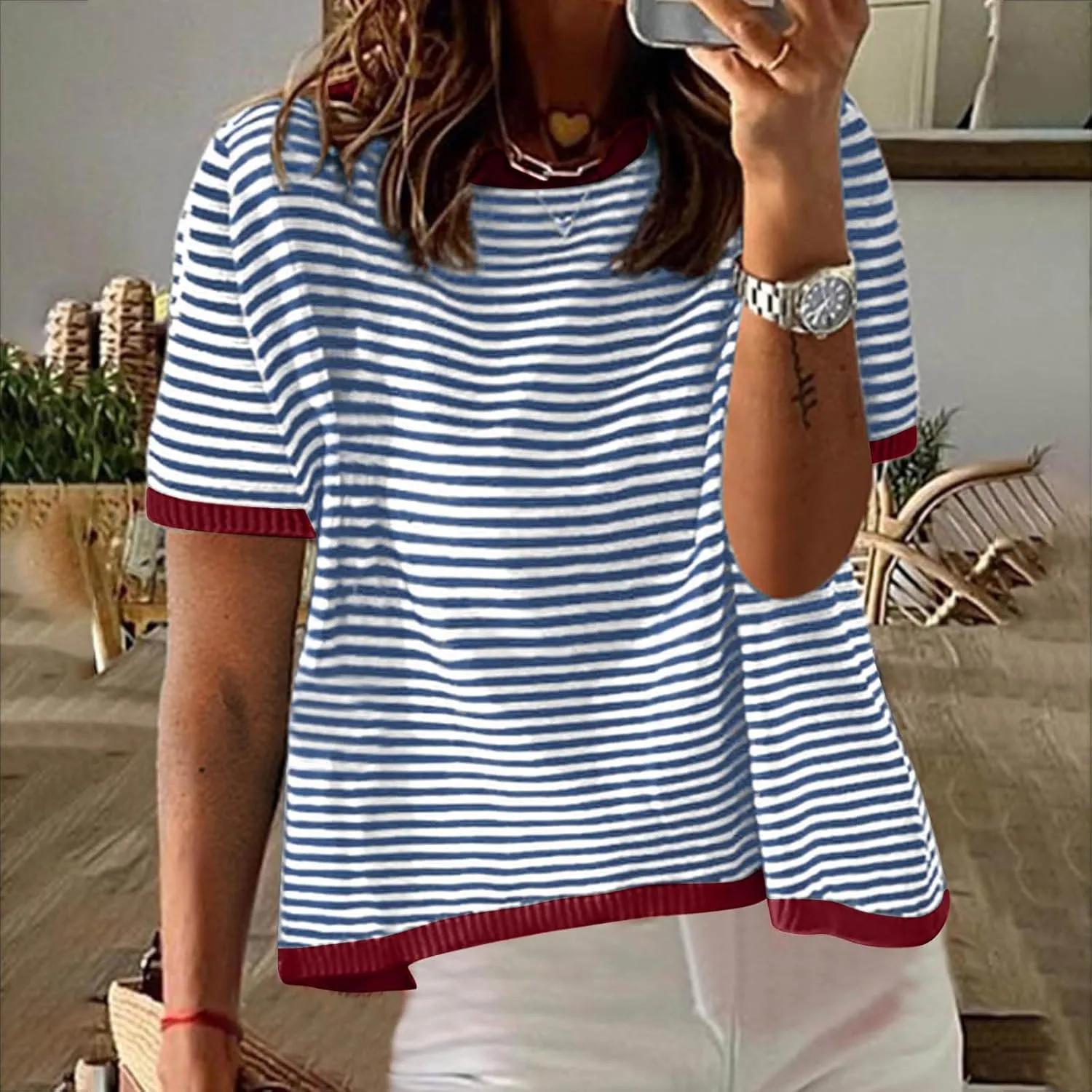 Women Oversized Striped Colorblock Short Sleeve Crew Neck T-Shirts Casual Loose Pullover Tops Summer Tee Shirt Blouse