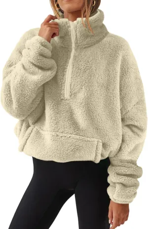 Women Sherpa Pullover 2024 Half Zip Fuzzy Fleece Sweatshirt with Pockets High Neck Solid Loose Fit Cropped Pullover