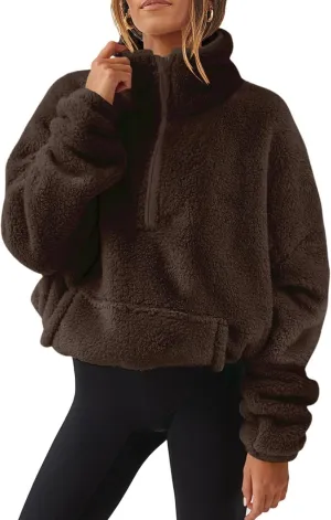 Women Sherpa Pullover 2024 Half Zip Fuzzy Fleece Sweatshirt with Pockets High Neck Solid Loose Fit Cropped Pullover
