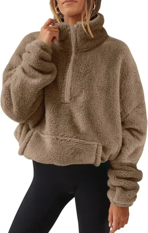 Women Sherpa Pullover 2024 Half Zip Fuzzy Fleece Sweatshirt with Pockets High Neck Solid Loose Fit Cropped Pullover