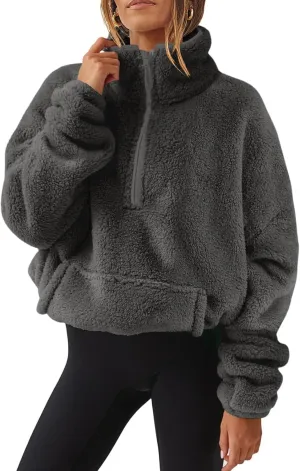 Women Sherpa Pullover 2024 Half Zip Fuzzy Fleece Sweatshirt with Pockets High Neck Solid Loose Fit Cropped Pullover