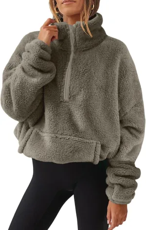 Women Sherpa Pullover 2024 Half Zip Fuzzy Fleece Sweatshirt with Pockets High Neck Solid Loose Fit Cropped Pullover