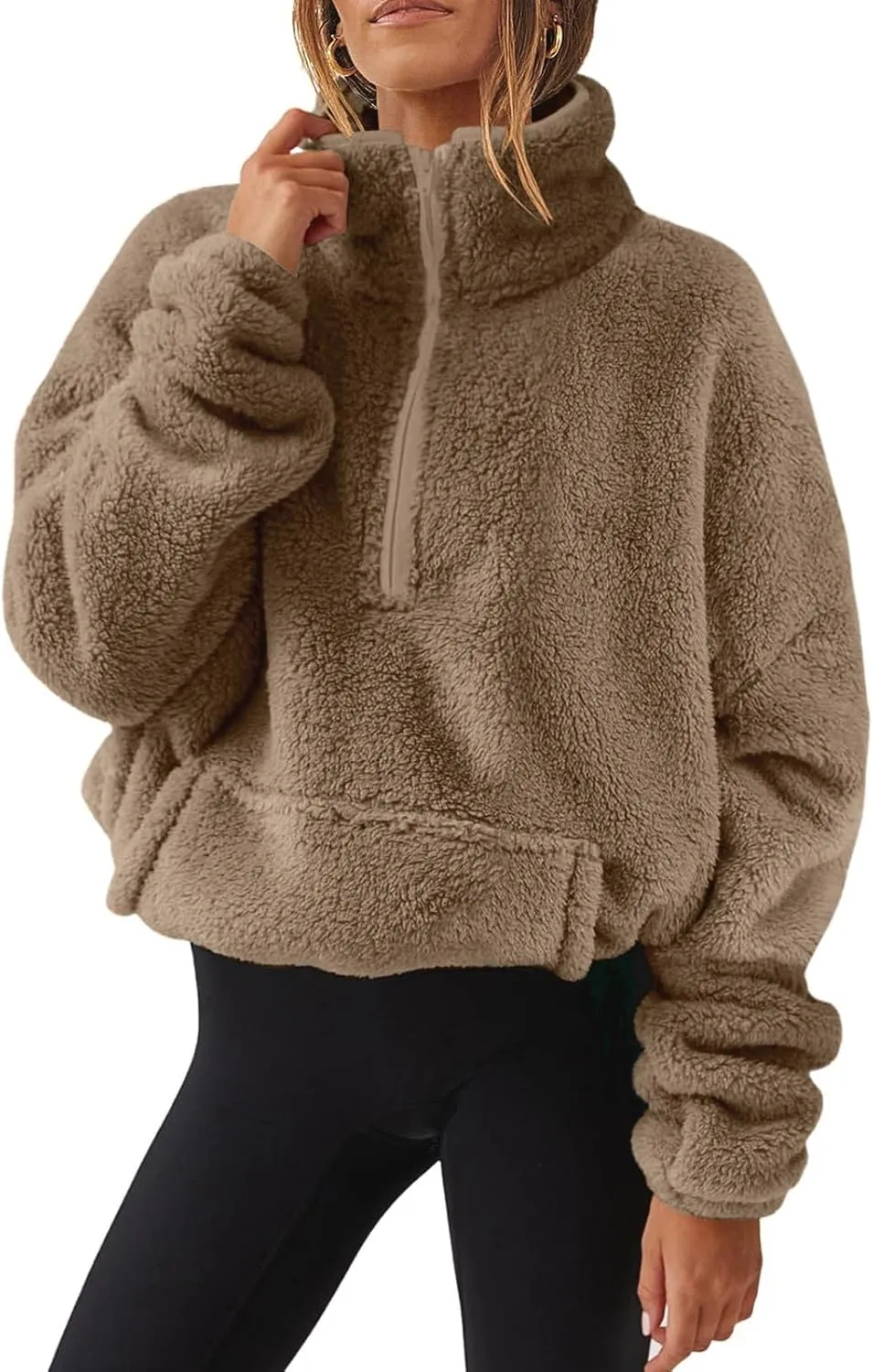 Women Sherpa Pullover 2024 Half Zip Fuzzy Fleece Sweatshirt with Pockets High Neck Solid Loose Fit Cropped Pullover