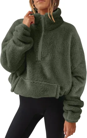 Women Sherpa Pullover 2024 Half Zip Fuzzy Fleece Sweatshirt with Pockets High Neck Solid Loose Fit Cropped Pullover