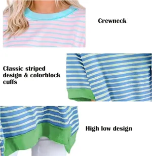 Women Striped Colorblock Oversized T Shirt Exposed Seam High Low Pullover Crewneck Short Sleeve Blouses Tops