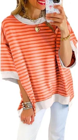 Women Striped Colorblock Oversized T Shirt Exposed Seam High Low Pullover Crewneck Short Sleeve Blouses Tops