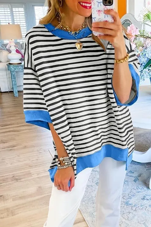 Women Striped Colorblock Oversized T Shirt Exposed Seam High Low Pullover Crewneck Short Sleeve Blouses Tops