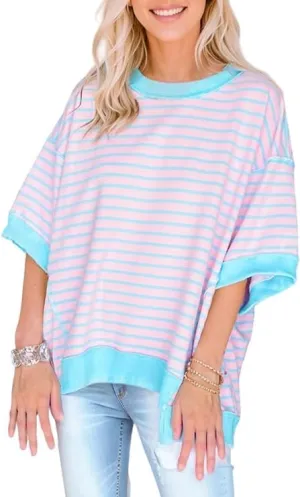 Women Striped Colorblock Oversized T Shirt Exposed Seam High Low Pullover Crewneck Short Sleeve Blouses Tops