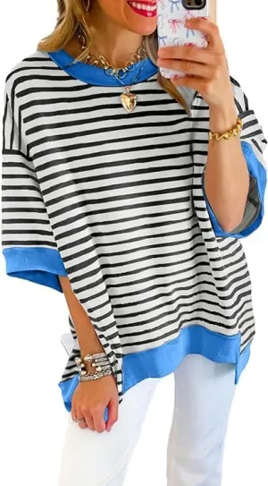 Women Striped Colorblock Oversized T Shirt Exposed Seam High Low Pullover Crewneck Short Sleeve Blouses Tops